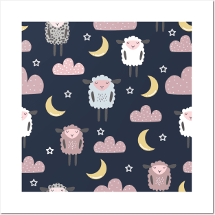 Sweet sleeping sheep pattern dark navy Posters and Art